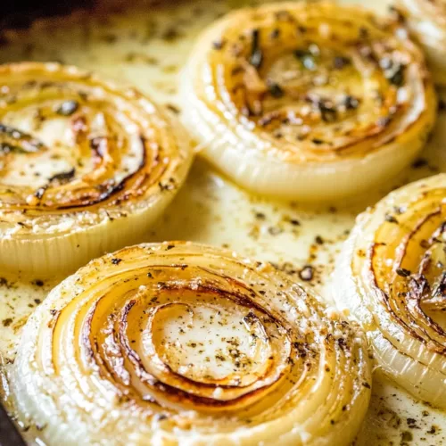 Golden-brown roasted onions topped with a creamy parmesan sauce on a rustic plate.