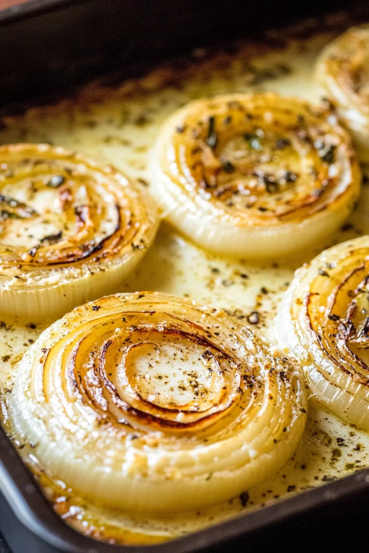 Golden-brown roasted onions topped with a creamy parmesan sauce on a rustic plate.