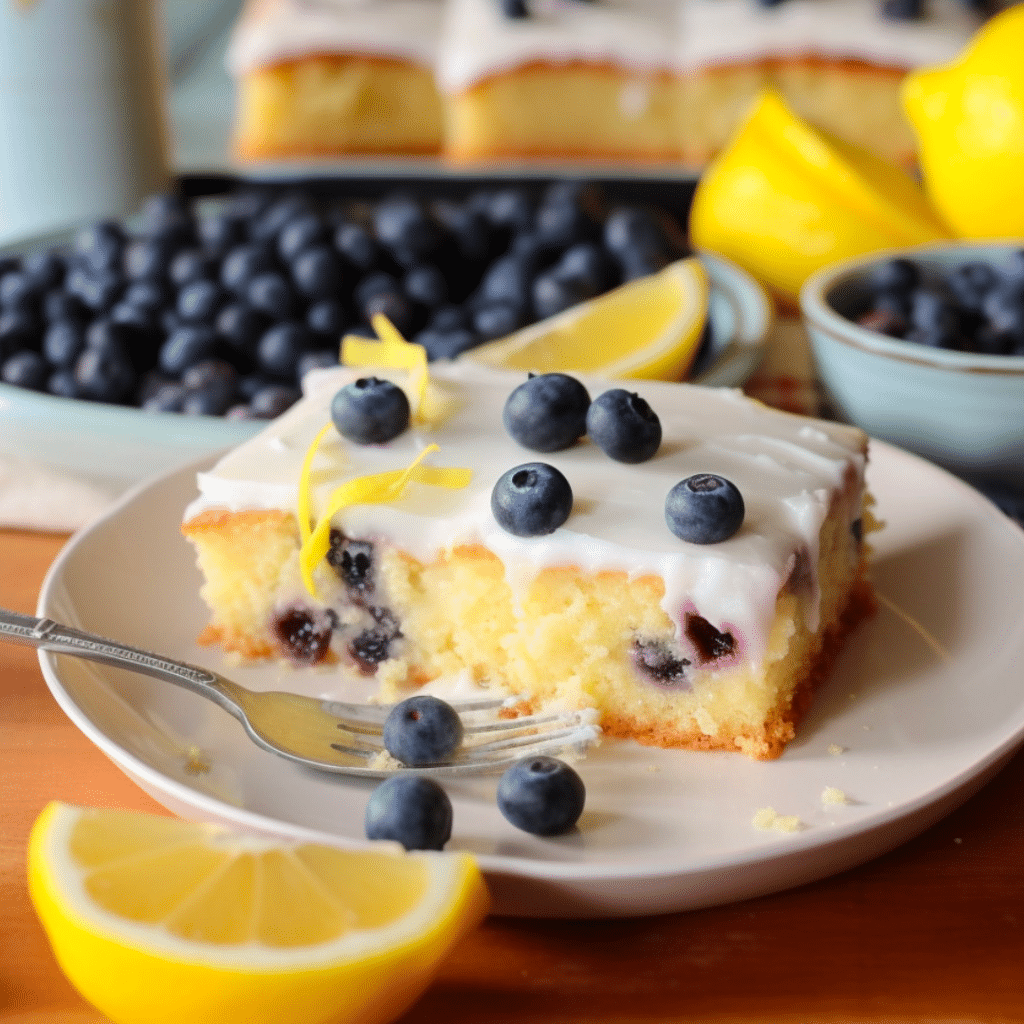 A delectably moist Lemon Blueberry Sheet Cake, topped with a glossy lemon glaze and served on a white platter.
