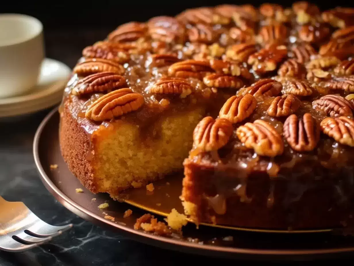 Top view of the whole Upside-Down Georgia Pecan Cake in a baking dish, fresh out of the oven.