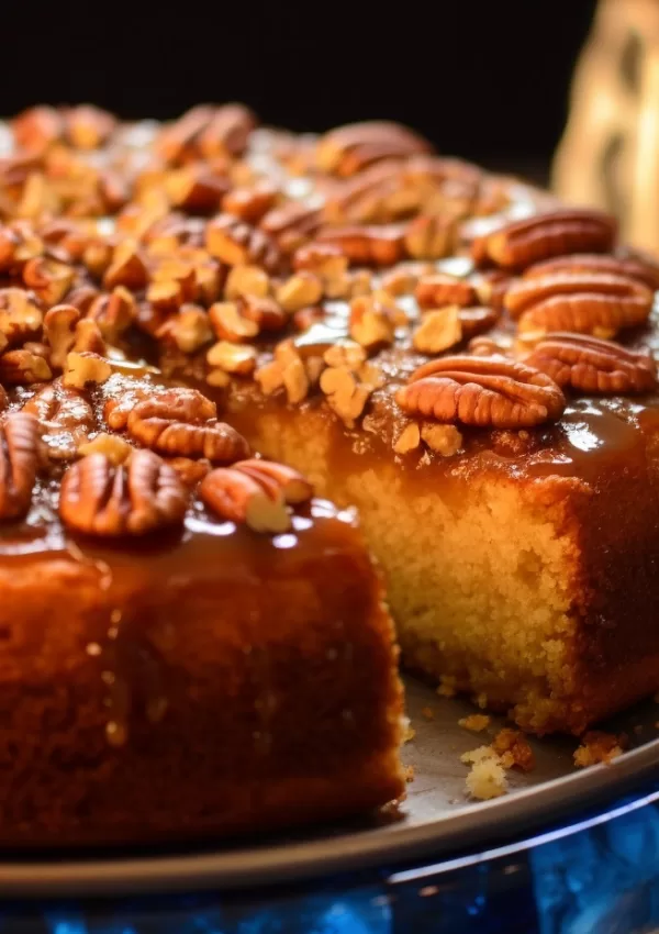 A close-up shot of a slice of the Upside-Down Georgia Pecan Cake, showcasing the gooey pecan and coconut topping and fluffy cake base.