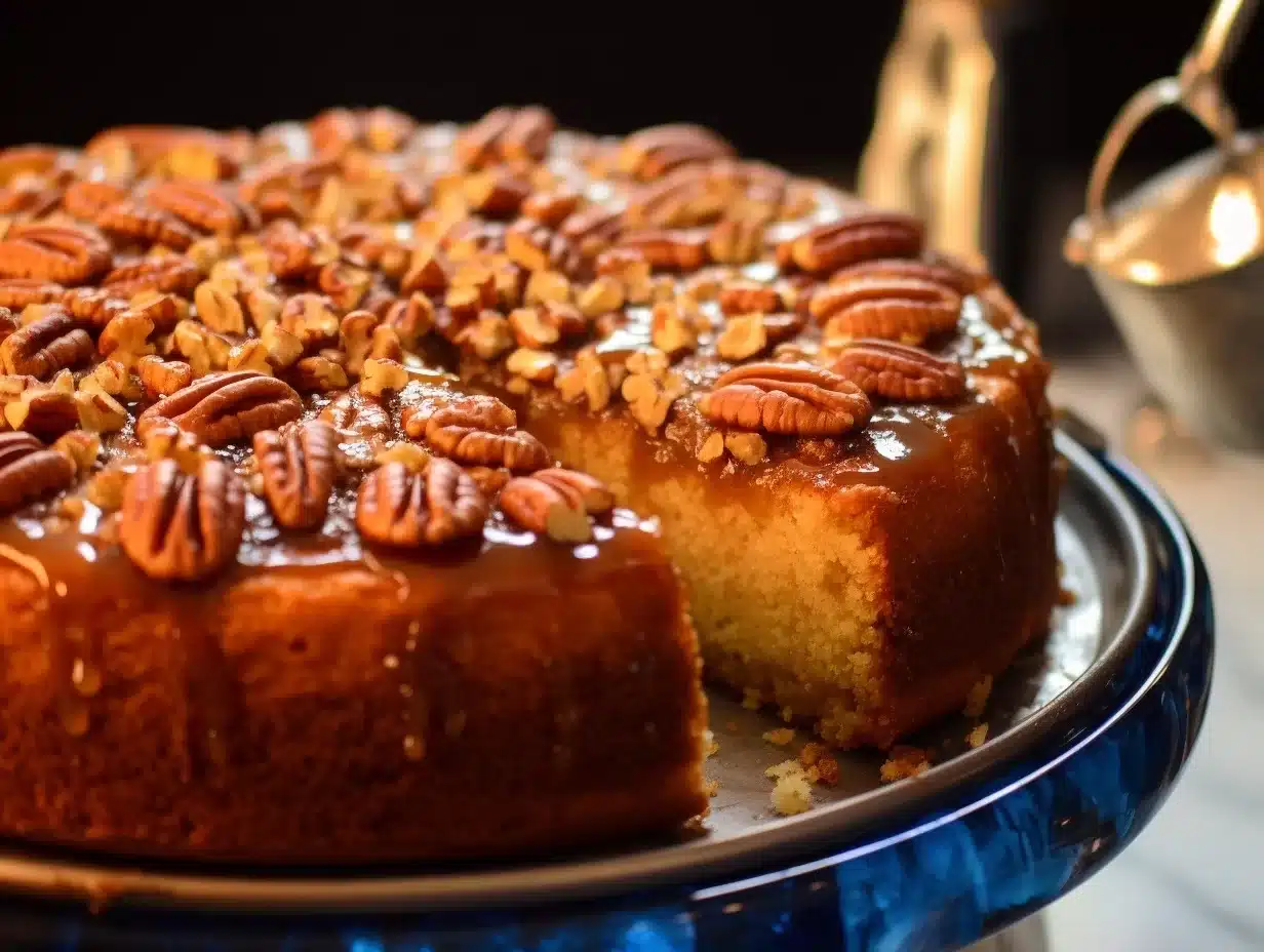 A close-up shot of a slice of the Upside-Down Georgia Pecan Cake, showcasing the gooey pecan and coconut topping and fluffy cake base.