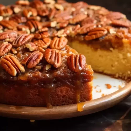 A slice of the delicious Upside-Down Georgia Pecan Cake on a white dessert plate, with a forkful showing the moist inside.