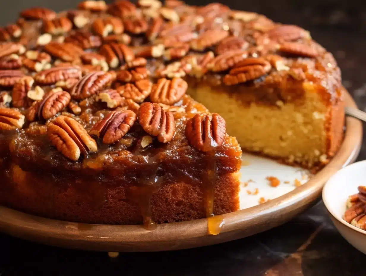 A slice of the delicious Upside-Down Georgia Pecan Cake on a white dessert plate, with a forkful showing the moist inside.