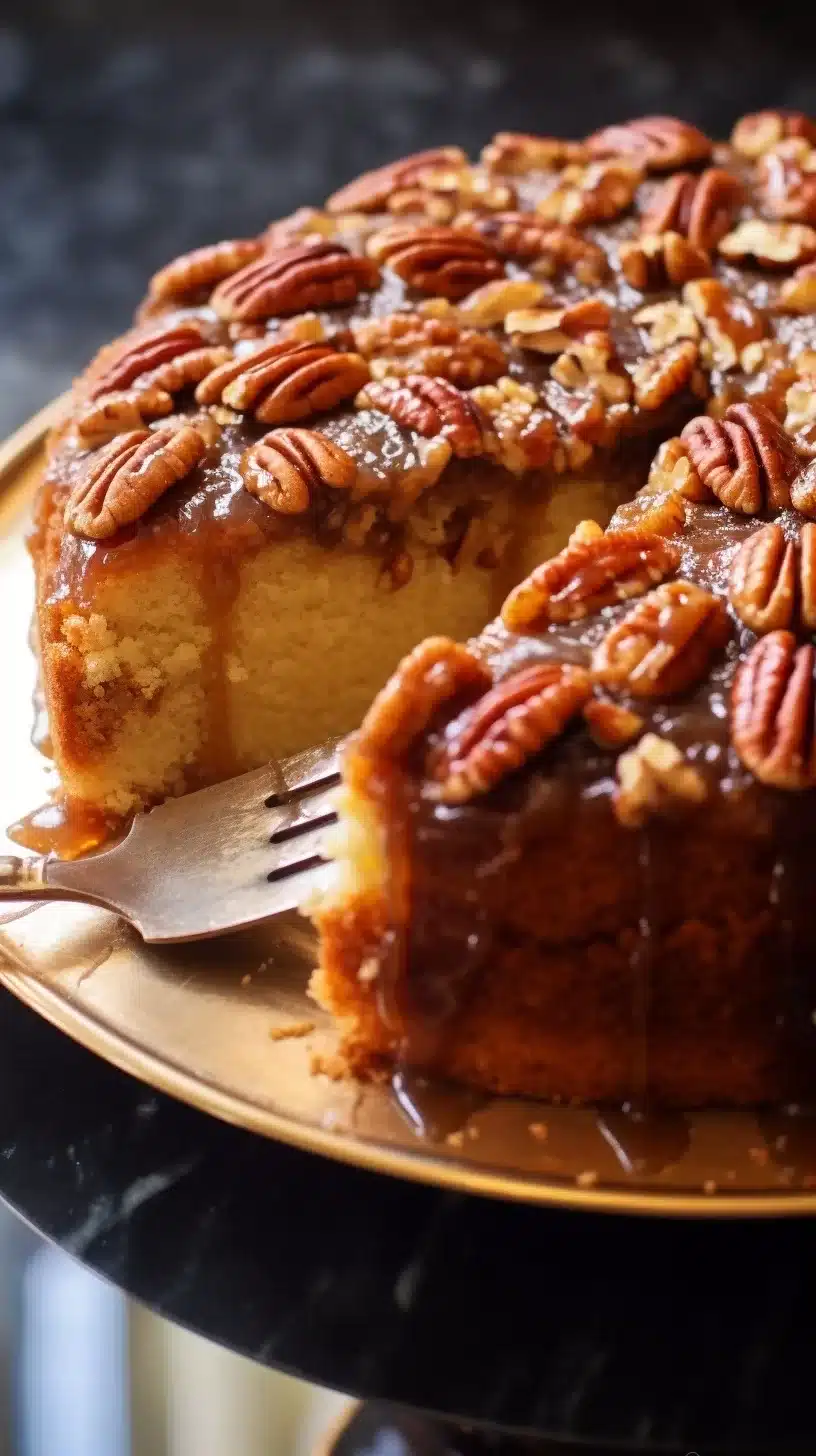 Upside-Down Georgia Pecan Cake with golden brown toasted pecans and coconut on top, ready to be served.
