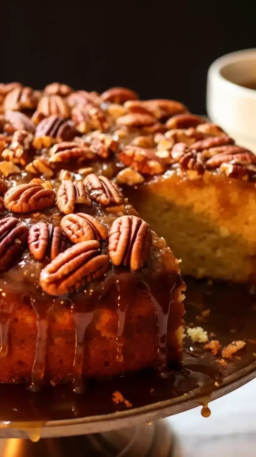 A vibrant image of the Upside-Down Georgia Pecan Cake, showcasing the contrasting layers of the cake and the rich, sweet topping.