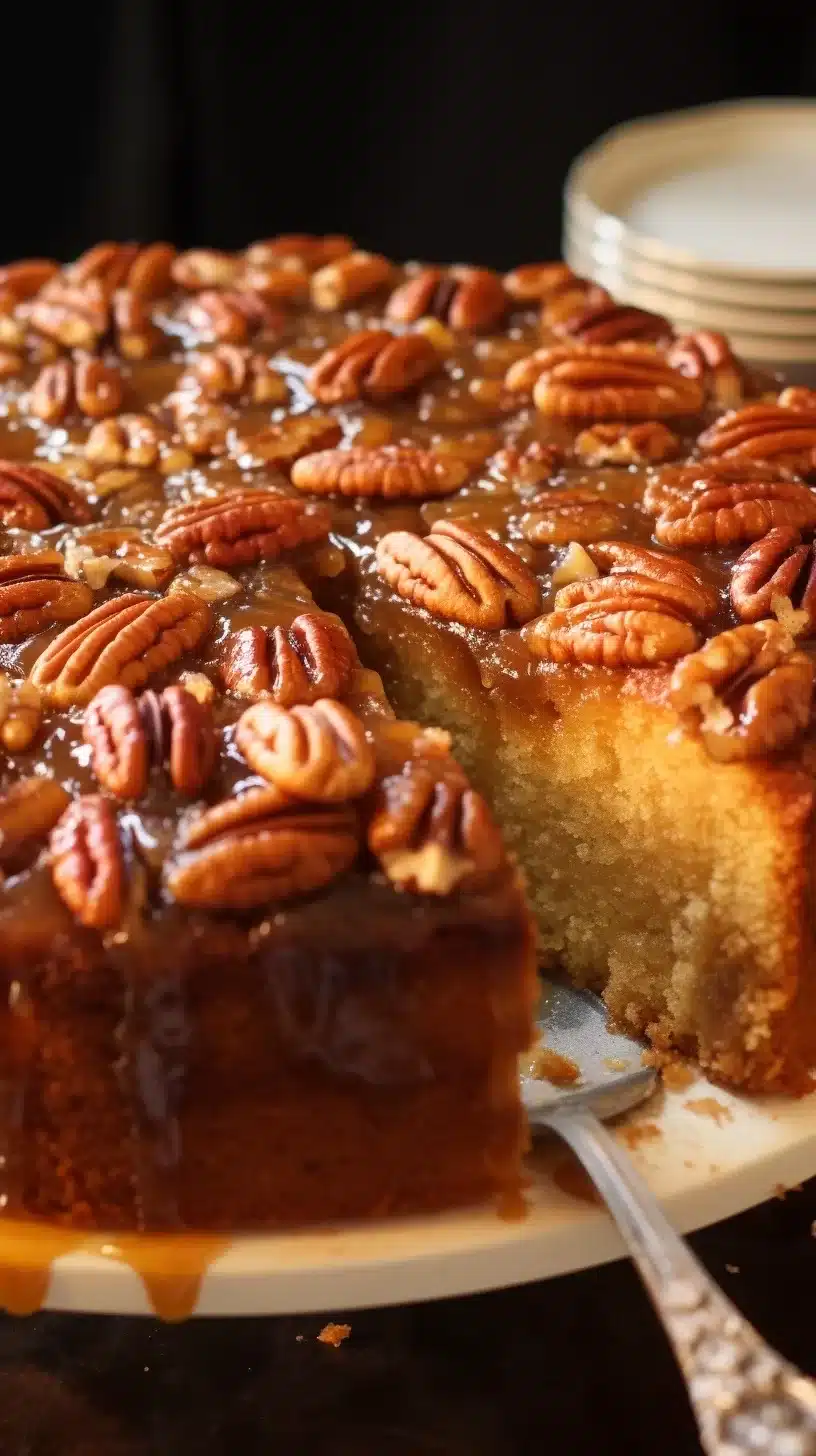 Perfectly baked Upside-Down Georgia Pecan Cake with a glossy, caramelized topping of pecans and shredded coconut.