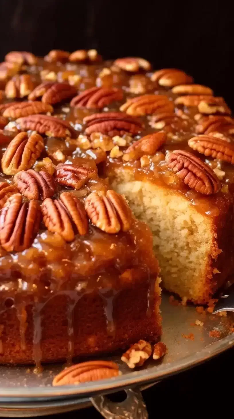 A mouth-watering piece of the Upside-Down Georgia Pecan Cake on a dessert plate, with crumbs suggesting a bite has been taken.