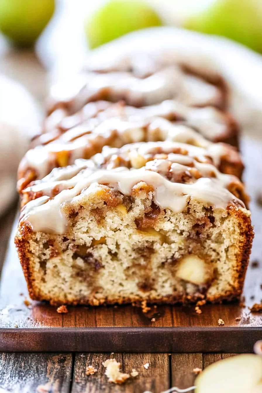 A close-up of moist apple fritter bread topped with a drizzle of vanilla glaze, highlighting the chunks of fresh apple inside.