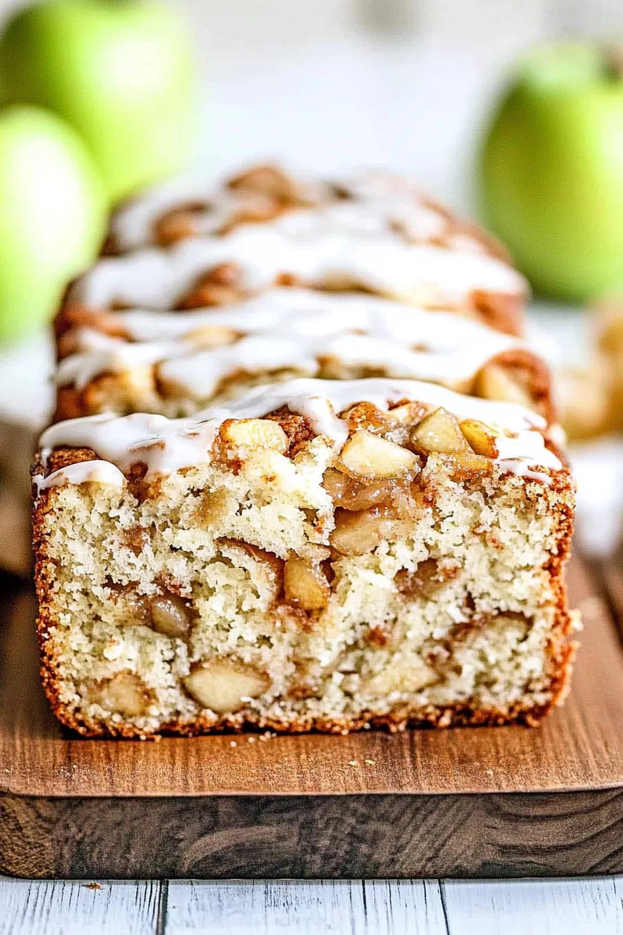 A loaf of freshly baked apple fritter bread with golden brown crust and sugary glaze, sliced and ready to serve.