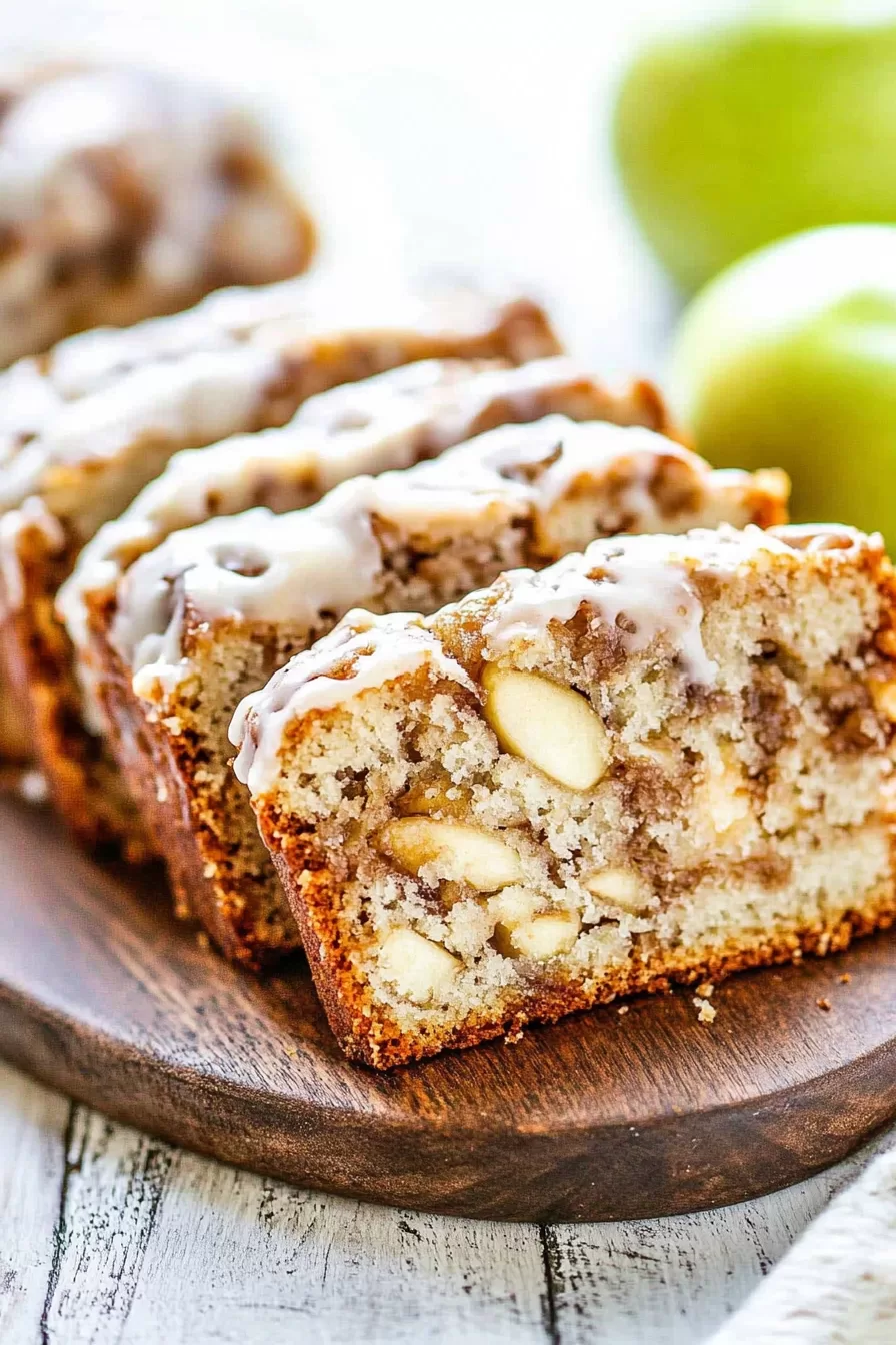 Slices of apple fritter bread on a wooden cutting board, showing the cinnamon swirl and tender apple pieces.