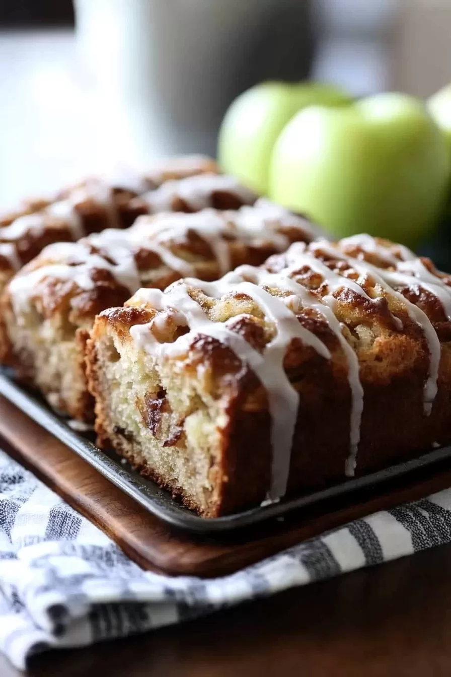 A platter of sliced apple fritter bread with its rich cinnamon aroma, perfect for a cozy breakfast or dessert.