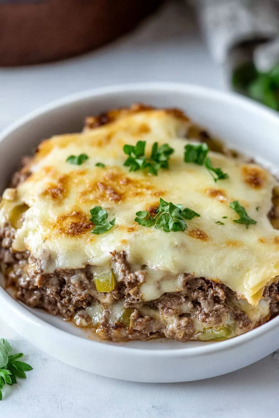 A hearty slice of baked Philly cheesesteak being lifted from a casserole dish, showcasing its melty cheese and layers of savory filling.