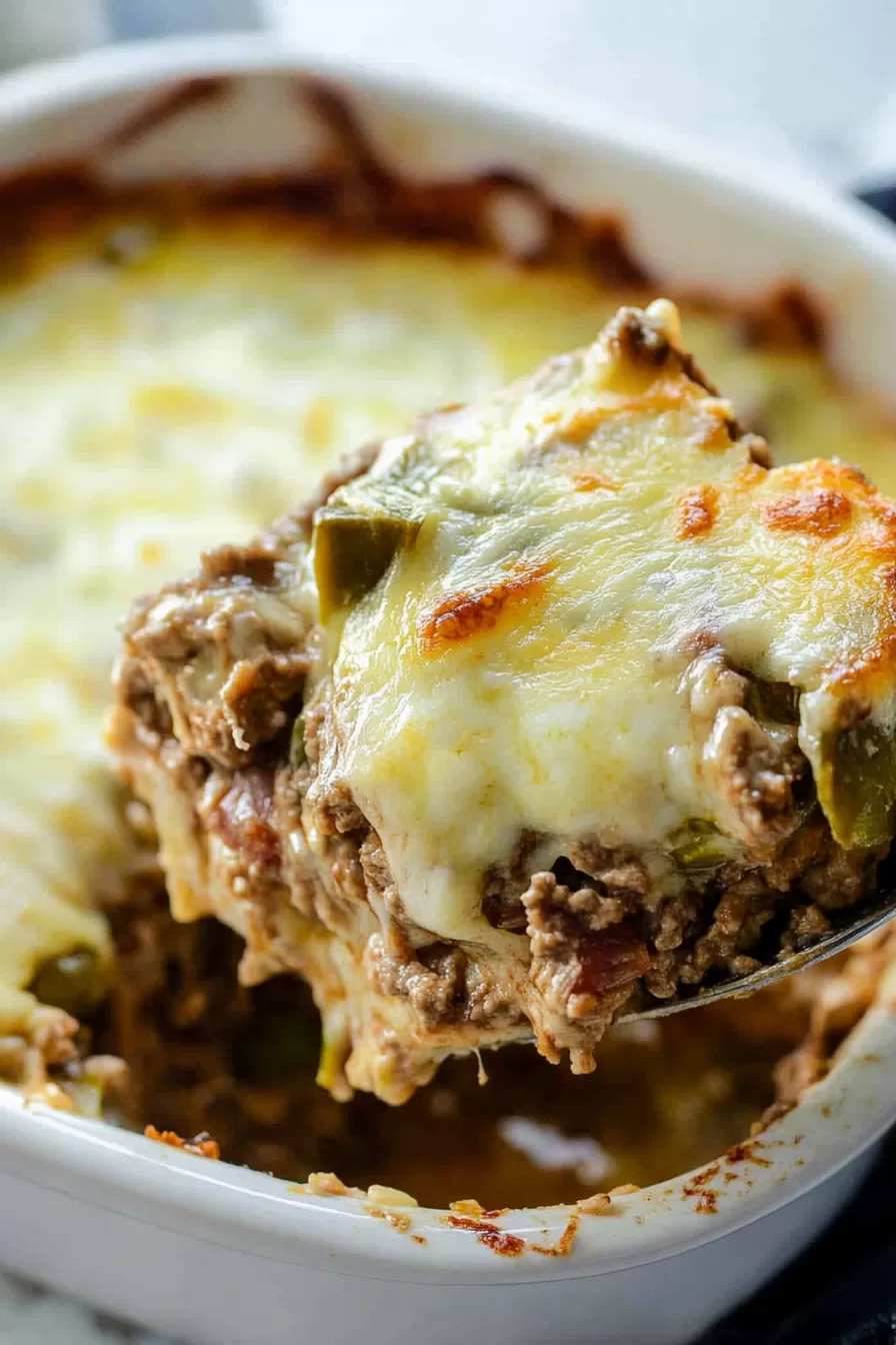 A close-up of a serving of baked Philly cheesesteak casserole with golden, bubbly cheese topping and fresh parsley garnish.