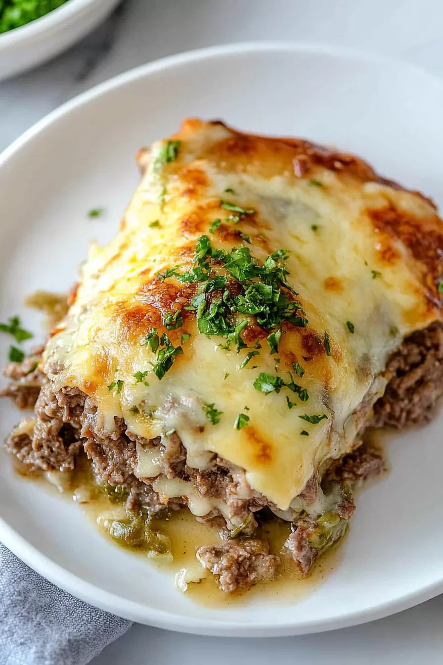 A comforting dish of baked Philly cheesesteak with gooey cheese, diced green peppers, and a rich sauce.