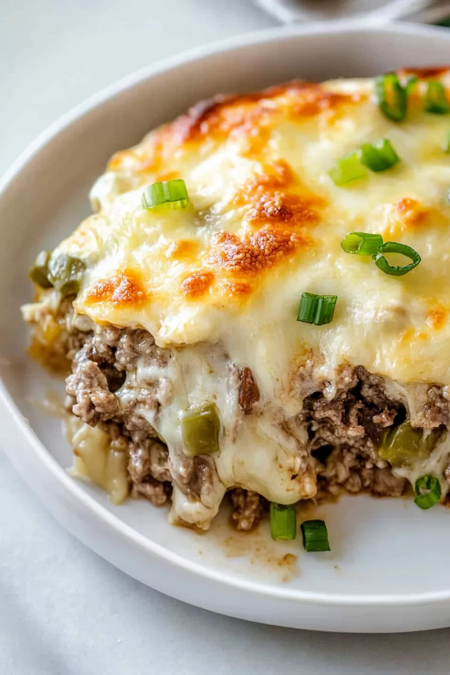 A freshly baked Philly cheesesteak casserole served in a white dish, oozing with cheese and perfectly golden edges.