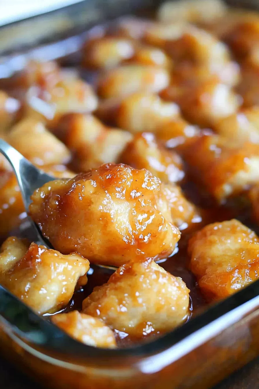 A serving spoon scooping saucy sweet and sour chicken pieces from a baking dish.