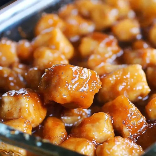 Close-up of golden-brown chicken bites glazed with a sweet and tangy sauce.