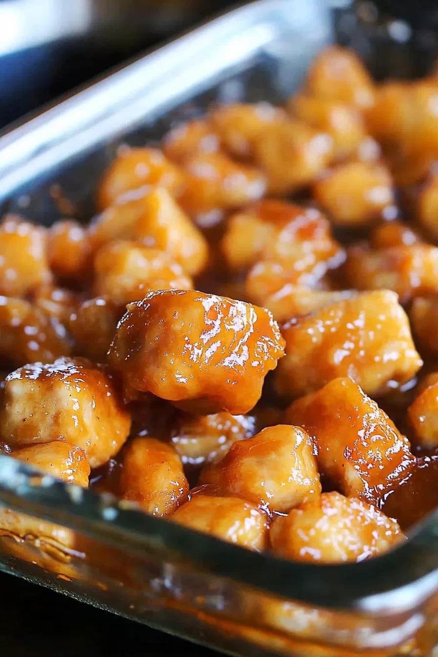 Close-up of golden-brown chicken bites glazed with a sweet and tangy sauce.