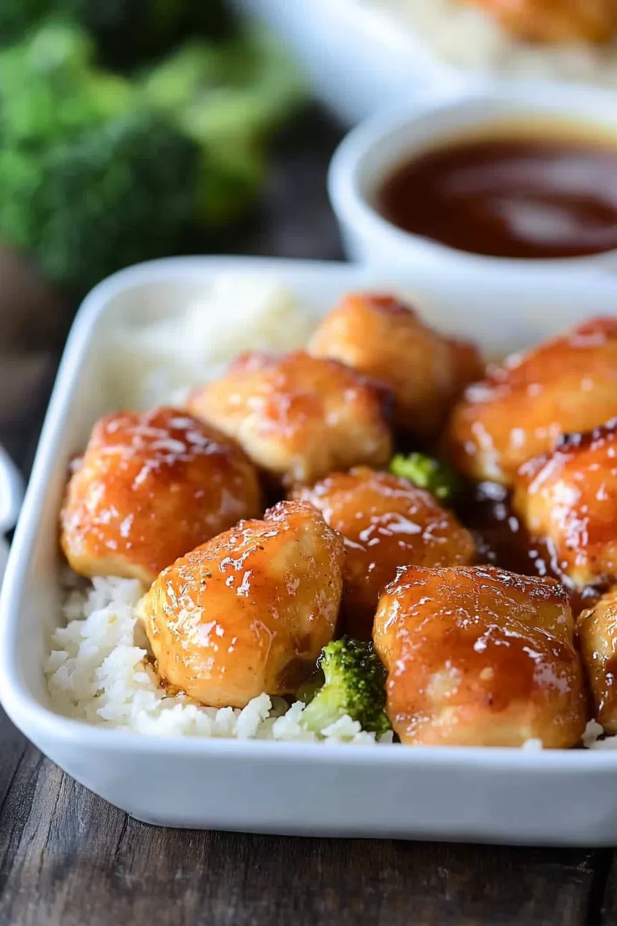 Plated sweet and sour chicken served over fluffy white rice with vibrant broccoli.