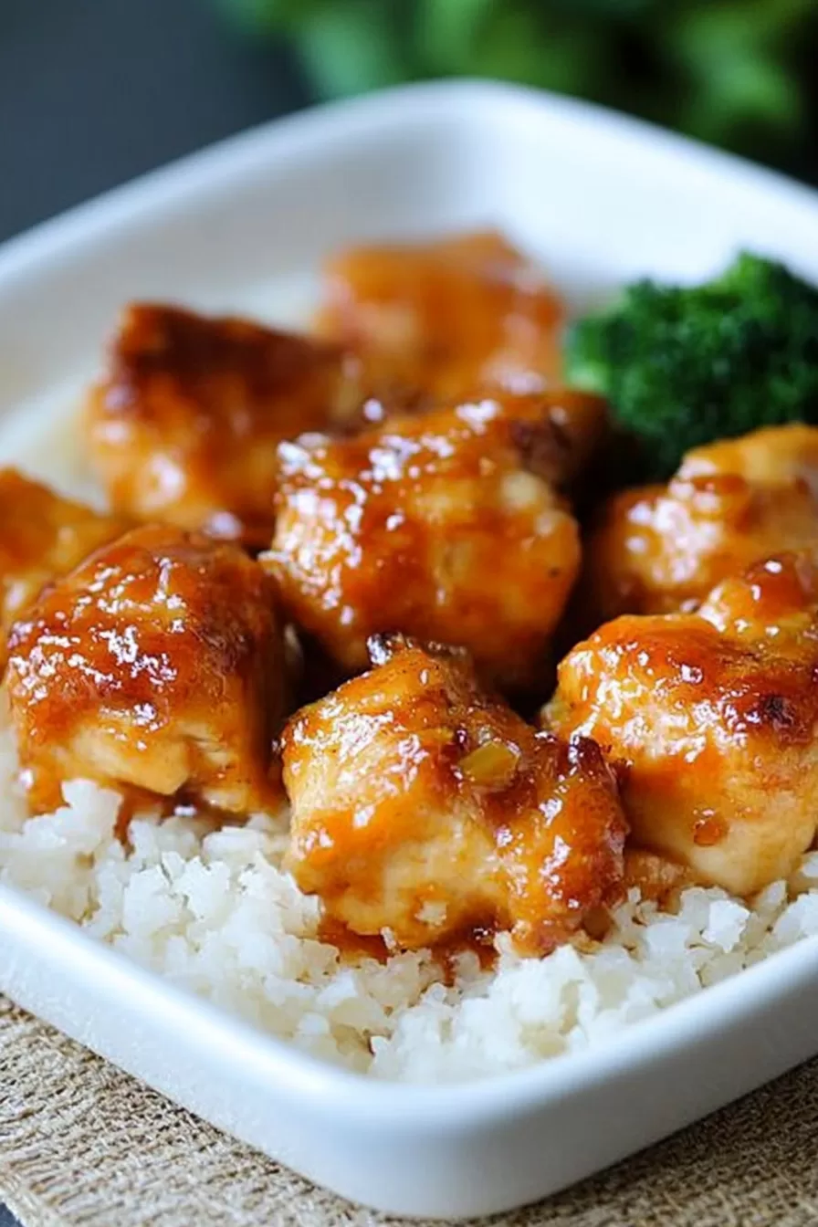 Baked chicken bites coated in a glossy sweet and sour sauce, ready to enjoy.