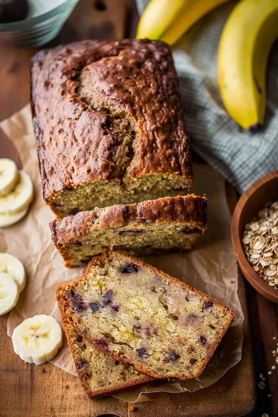 Golden brown banana bread loaf resting on a rustic wooden board, paired with sliced bananas and chocolate chips.