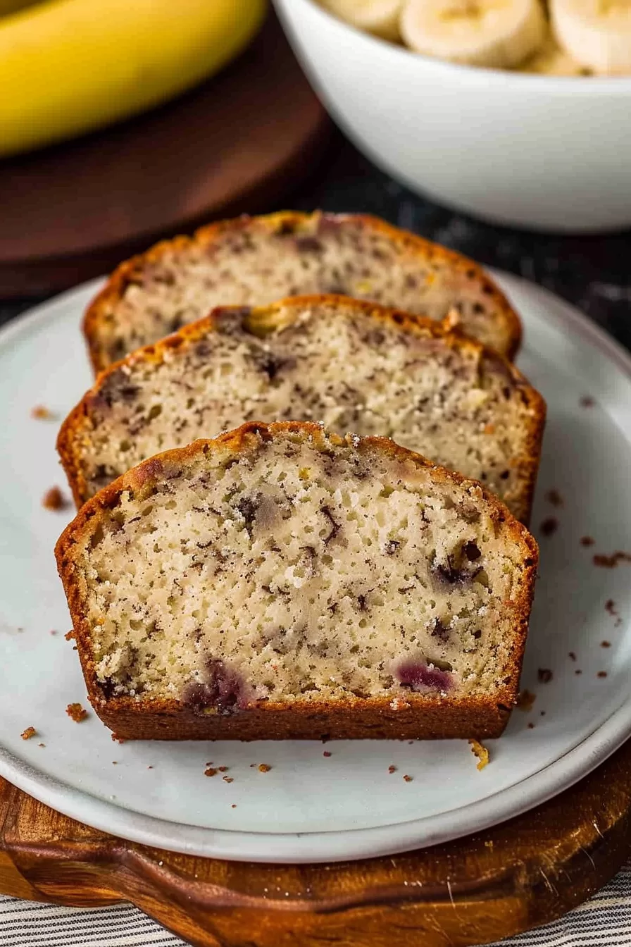 Close-up of thick banana bread slices on a white plate, showcasing the tender crumb and subtle flecks of nuts.