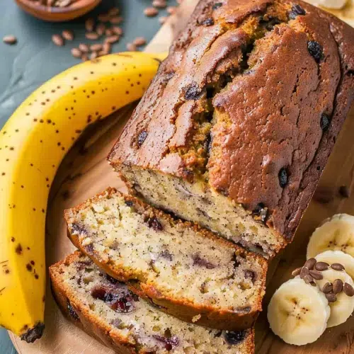 Freshly baked banana bread loaf, sliced to reveal its moist, speckled interior, surrounded by ripe bananas and oats.