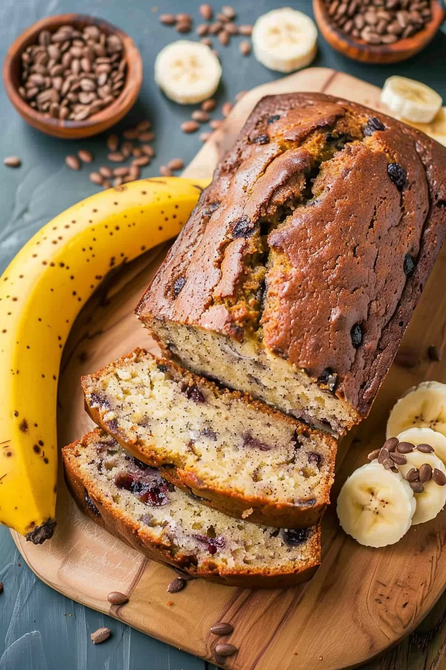 Freshly baked banana bread loaf, sliced to reveal its moist, speckled interior, surrounded by ripe bananas and oats.