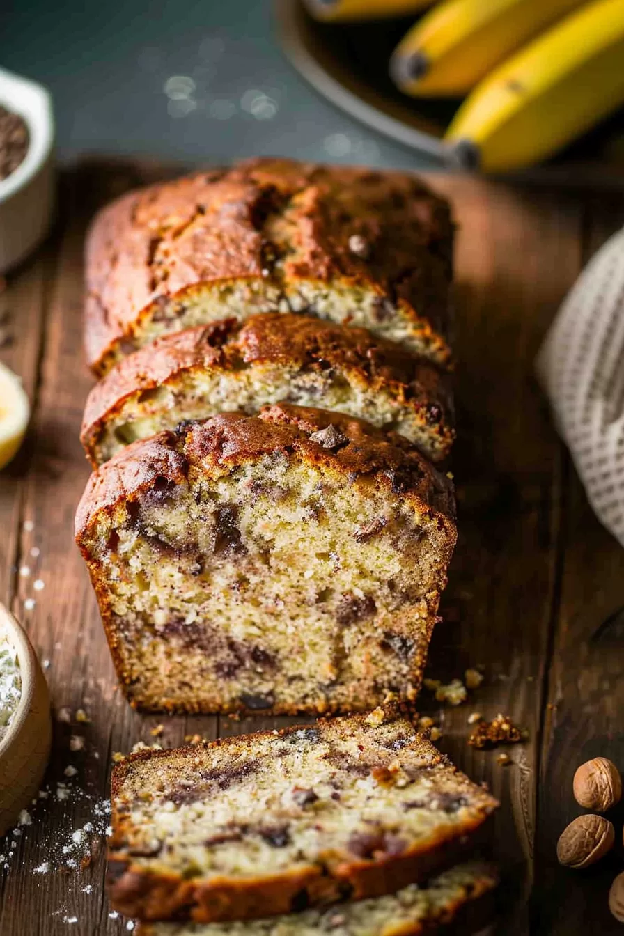 A wooden table spread featuring banana bread slices, whole bananas, and a scattering of nuts for a cozy presentation.