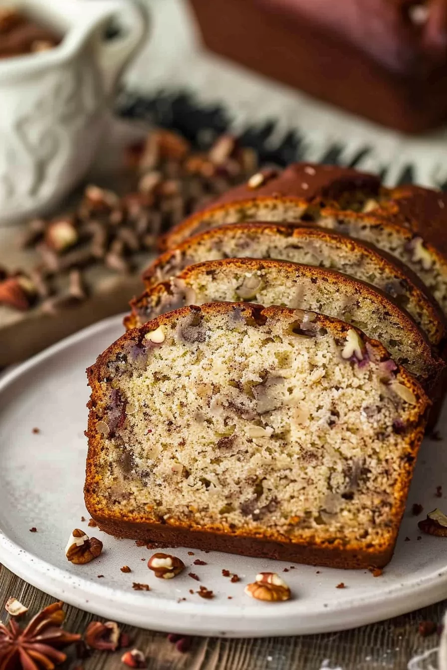 Top view of a perfectly baked banana bread loaf, with crispy edges and a warm, inviting texture.