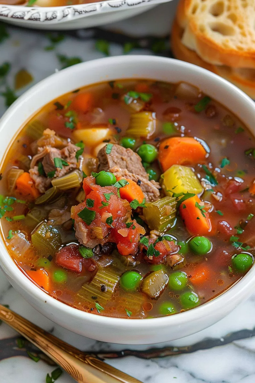 An inviting bowl of homemade soup served with crusty bread on the side, highlighting the vibrant vegetables and beef.