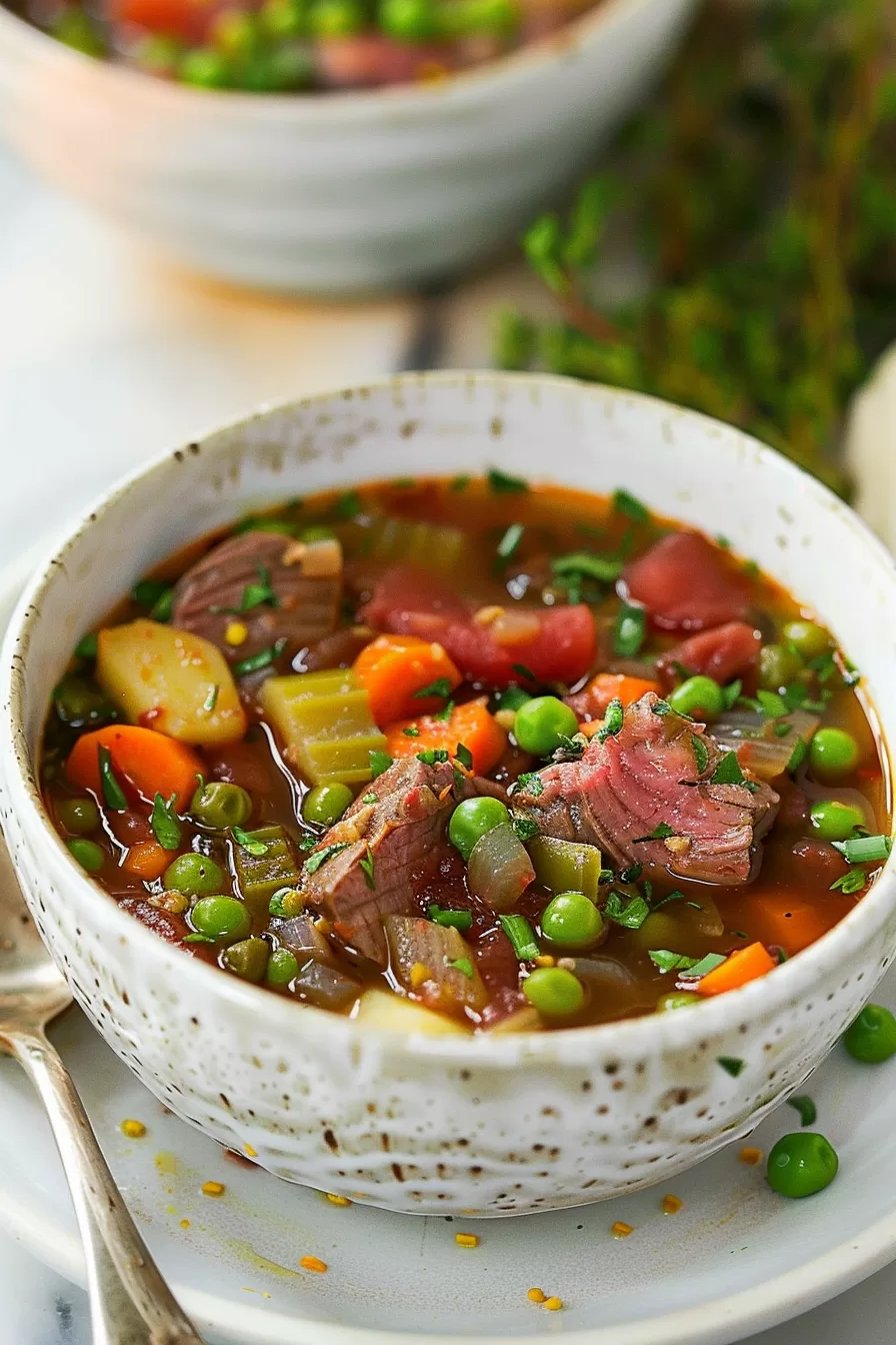 A vibrant bowl of hearty soup filled with colorful vegetables and tender beef pieces, garnished with fresh parsley.