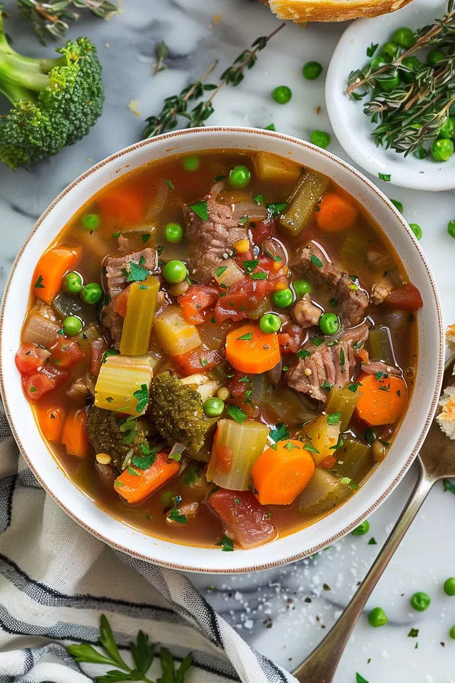 A rustic presentation of beef and vegetable soup in a speckled ceramic bowl, surrounded by fresh ingredients.