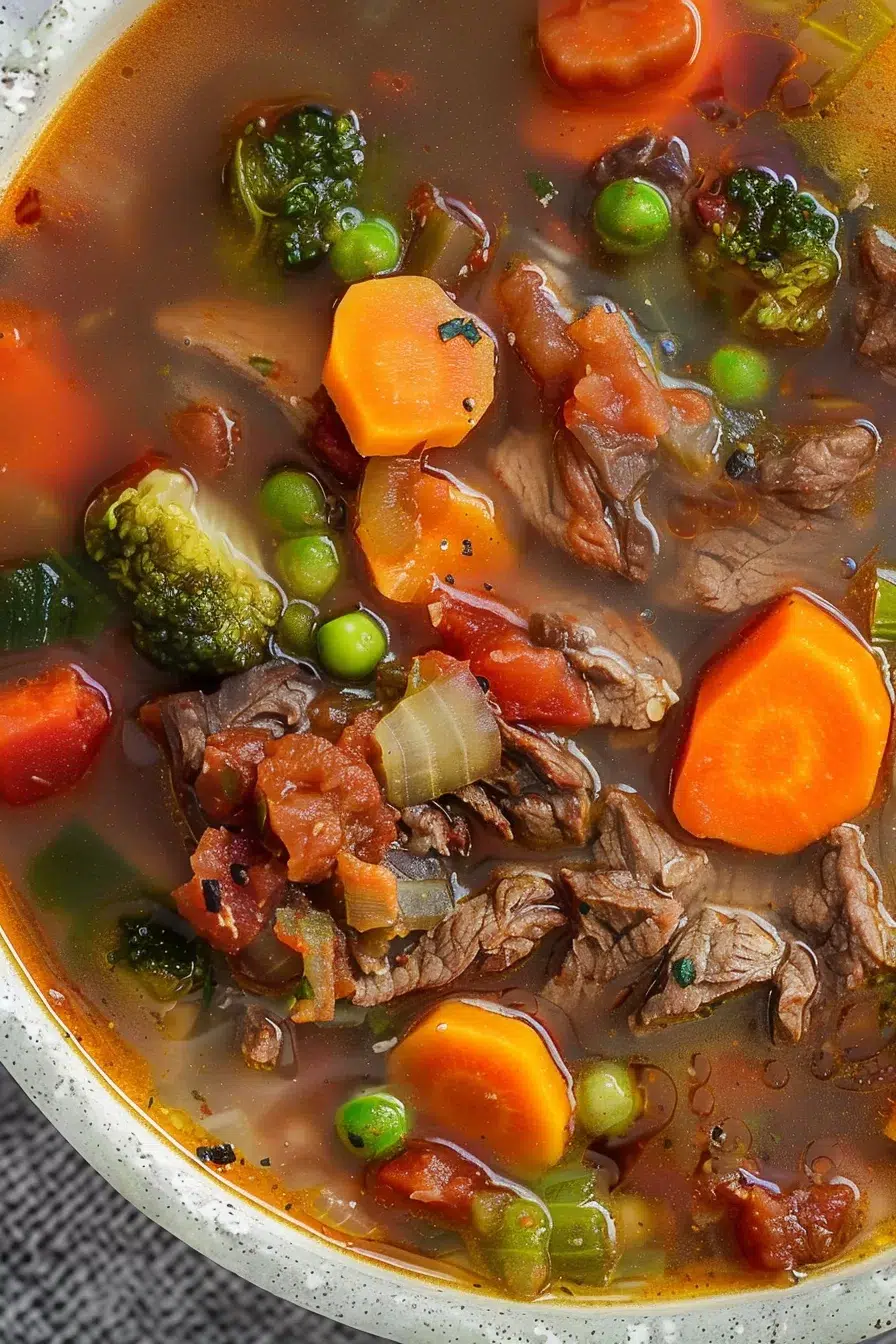 Close-up of a comforting beef vegetable soup featuring carrots, peas, celery, and chunks of beef in a rich broth.