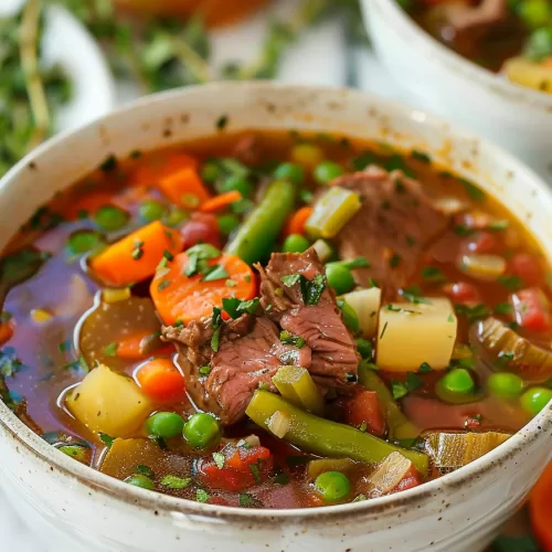 A steaming bowl of beef vegetable soup showcasing a mix of vegetables, herbs, and beef in a warm, hearty broth.