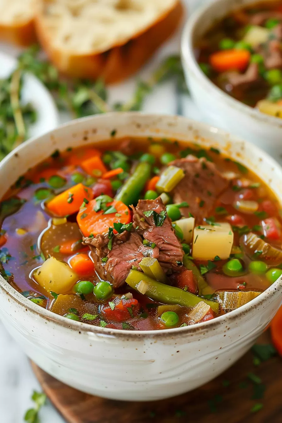 A steaming bowl of beef vegetable soup showcasing a mix of vegetables, herbs, and beef in a warm, hearty broth.