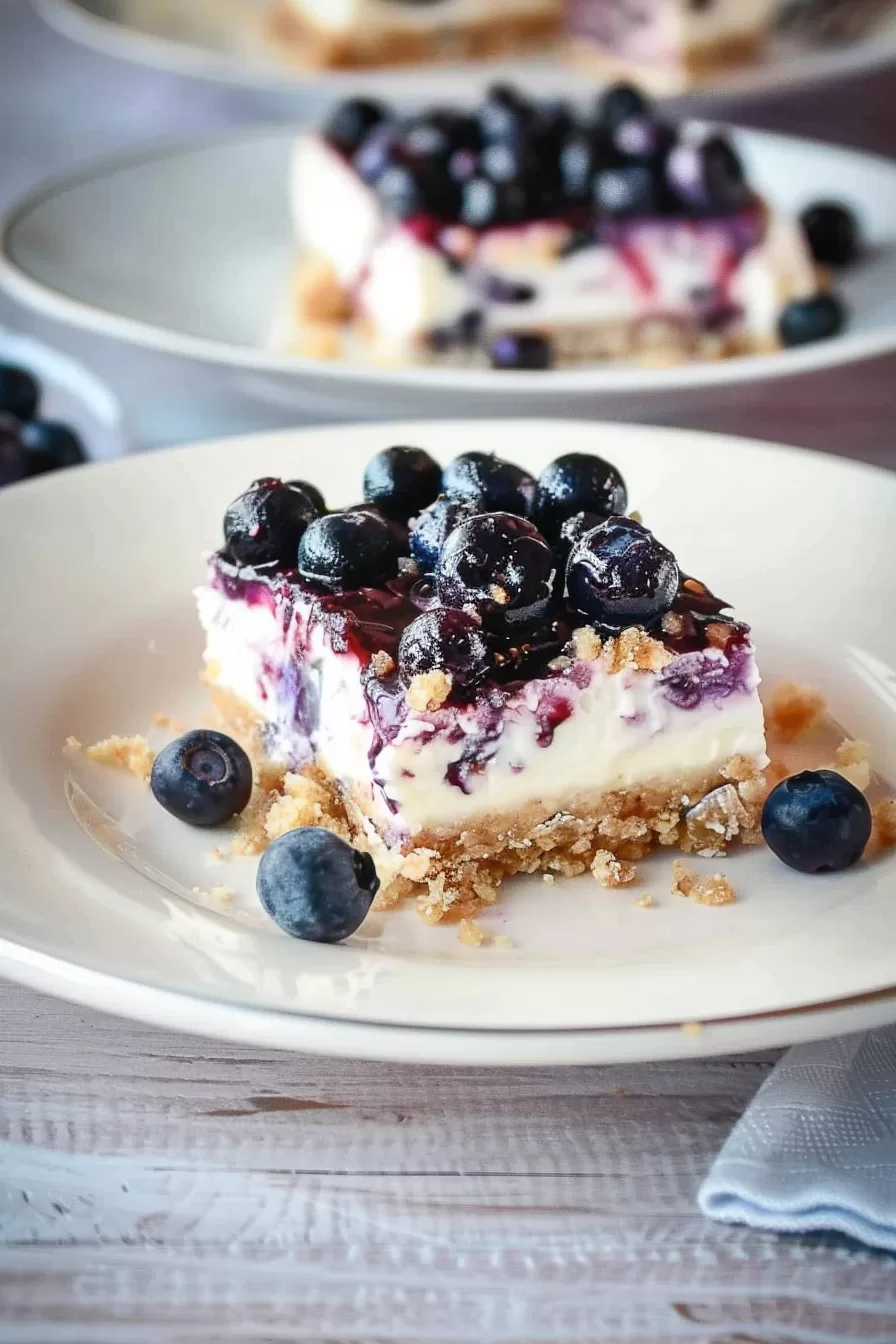 Close-up of a decadent blueberry dessert topped with a layer of rich cream and vibrant blueberries.