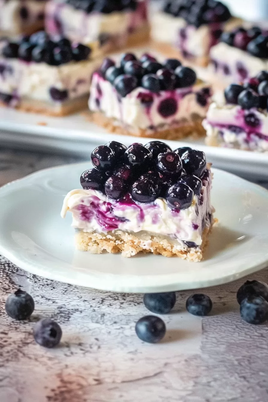 A creamy blueberry dessert square with fresh berries on a crumbly crust, served on a white plate.