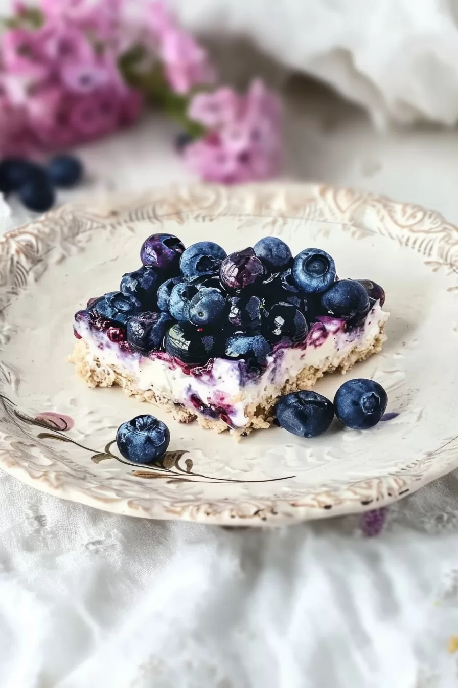 A beautifully plated slice of Blueberry Jamboree with a garnish of fresh berries on a floral plate.