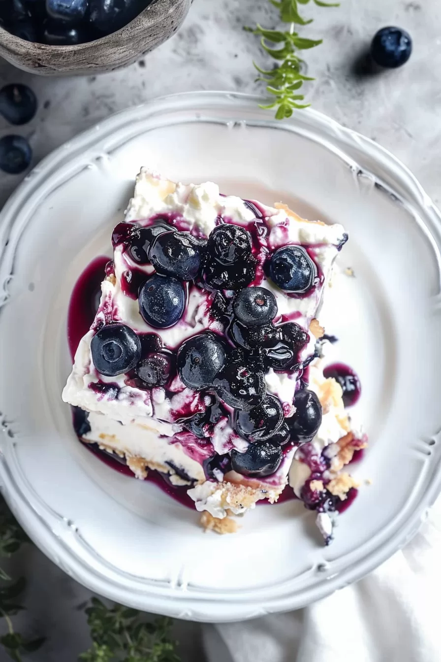 Top view of a blueberry-topped dessert with a creamy filling and crumbly base, served elegantly.