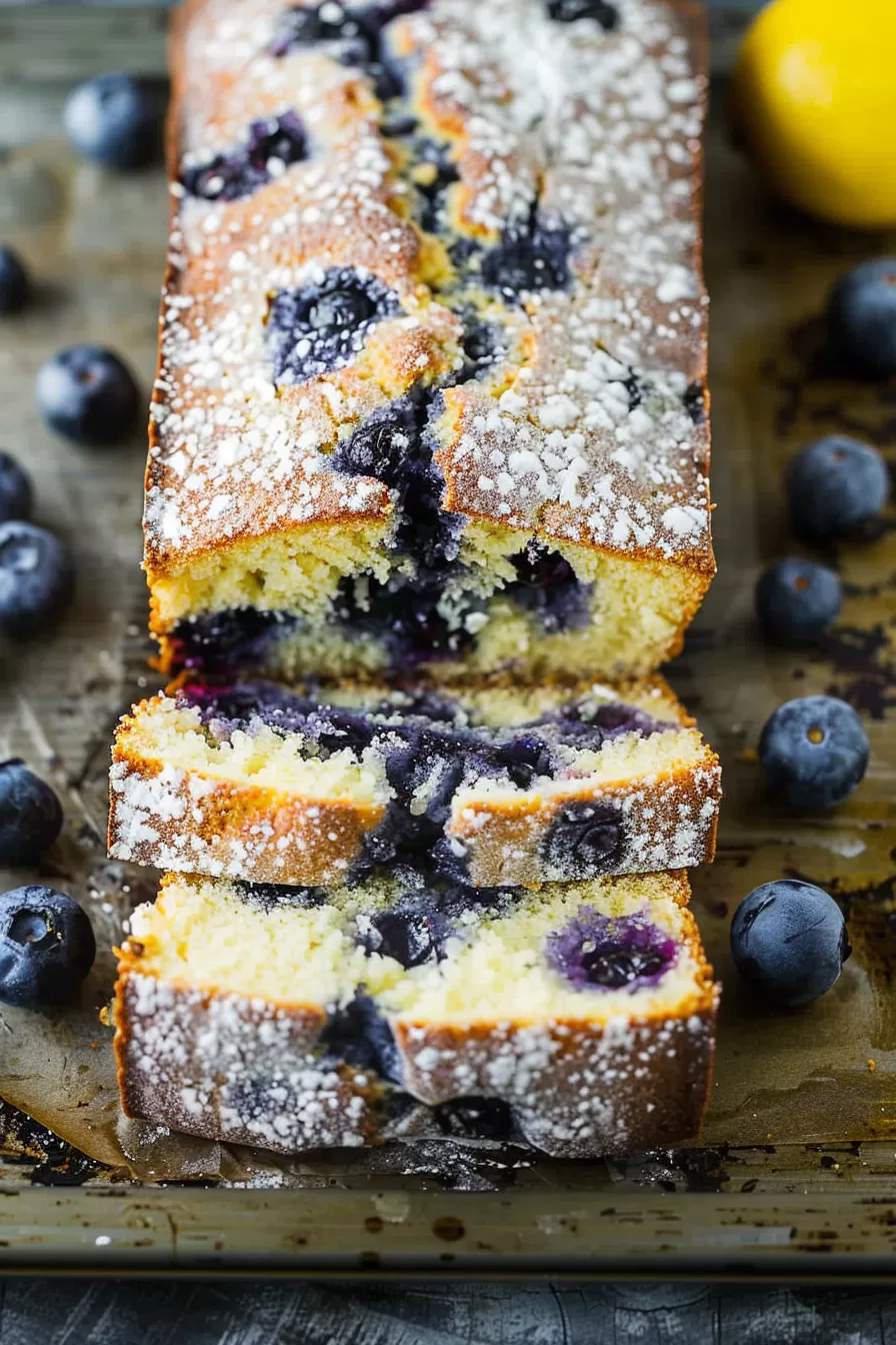 A freshly baked loaf with visible blueberries and a tender crumb, resting on parchment paper.