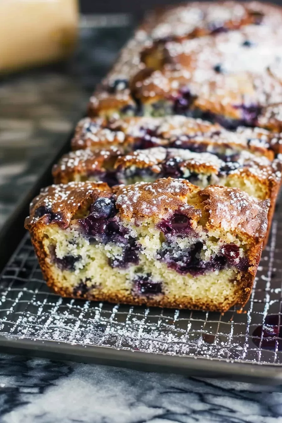 Slices of a blueberry lemon loaf displayed on a baking rack with scattered blueberries.