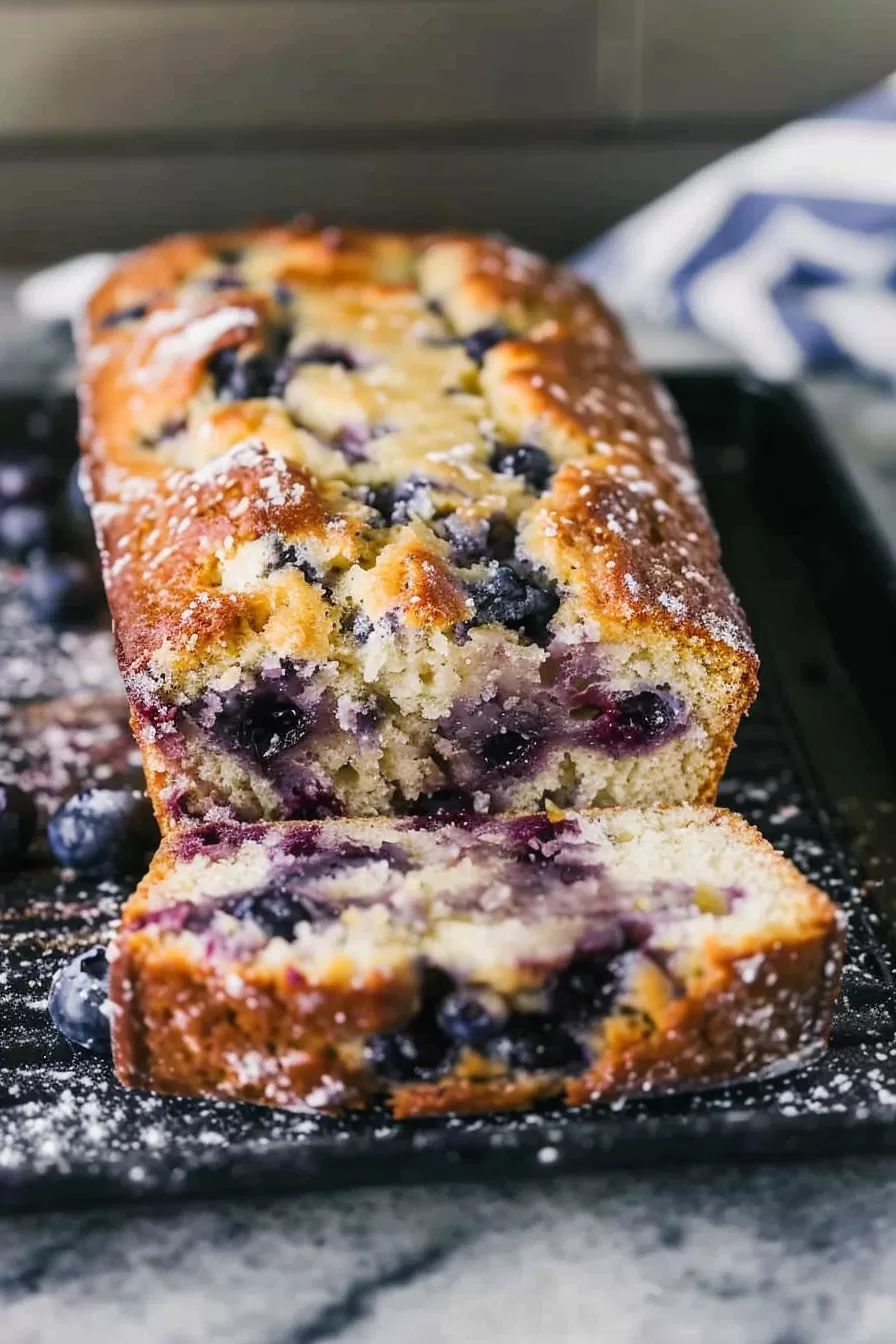 A close-up shot of the loaf showcasing its soft texture and bright blueberry studded layers.