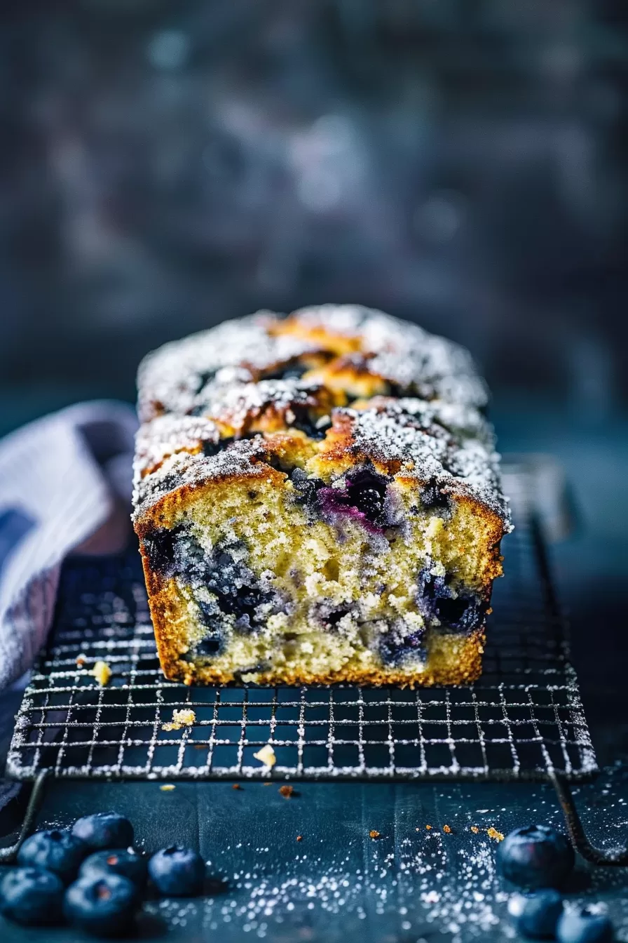 A golden loaf with bursts of juicy blueberries, lightly dusted with powdered sugar.