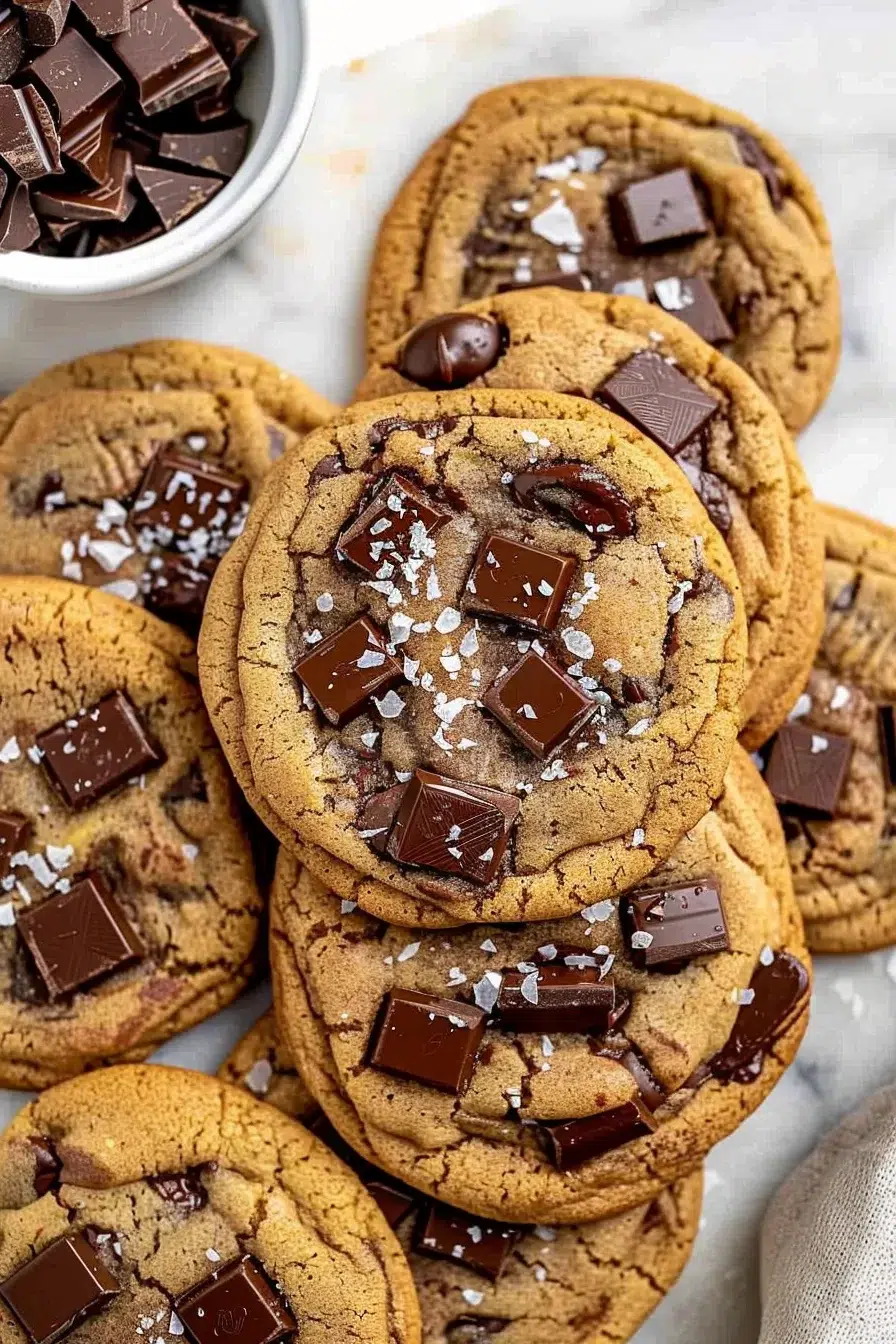 A stack of chewy cookies with chunks of melted chocolate and a sprinkle of flaky sea salt, placed on a white plate.