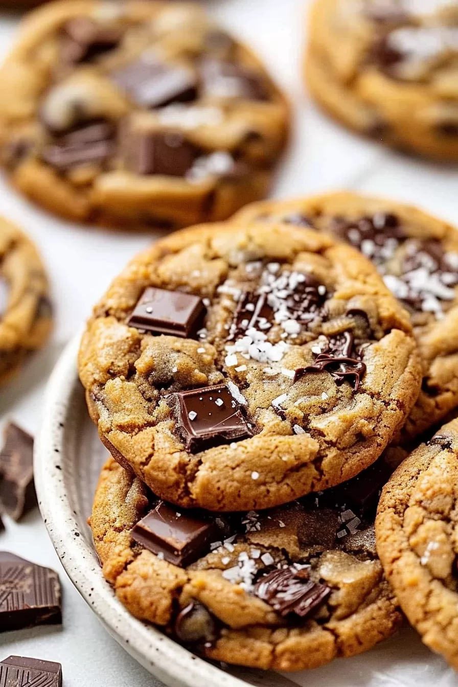 Close-up of a gooey chocolate chip cookie with browned edges and melty chocolate squares.