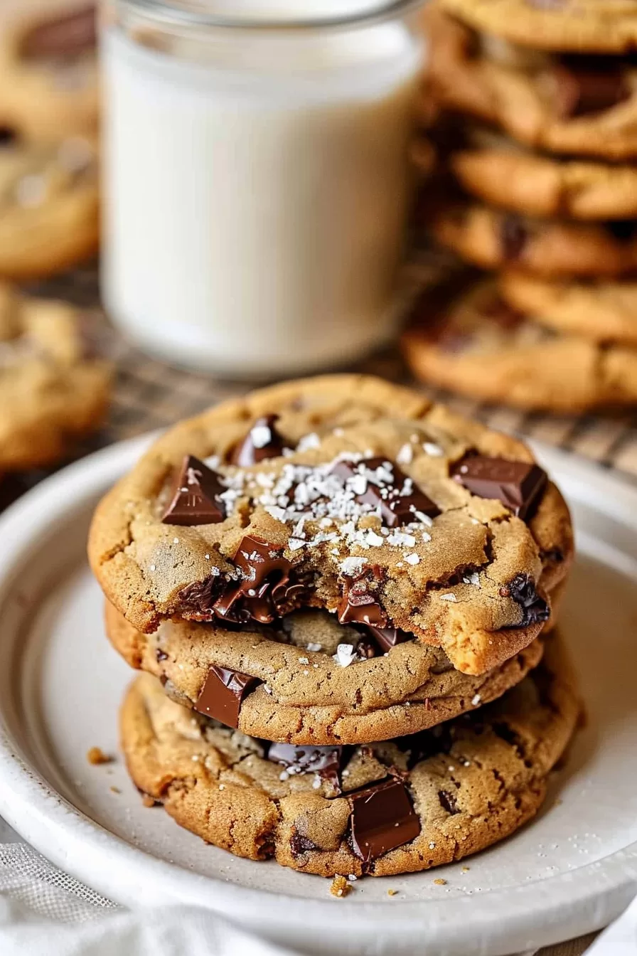 A plate of golden-brown cookies, garnished with sea salt, surrounded by chunks of chocolate.