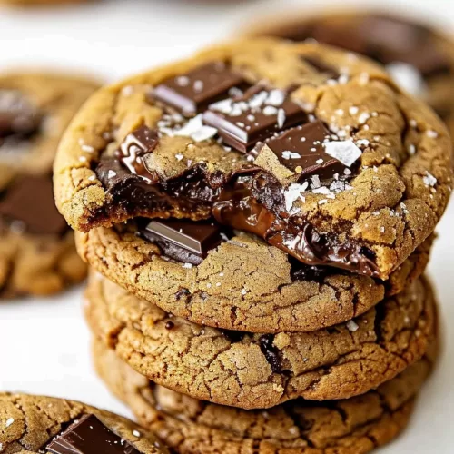 A bite taken out of a cookie reveals a gooey chocolate center, with other cookies scattered in the background.