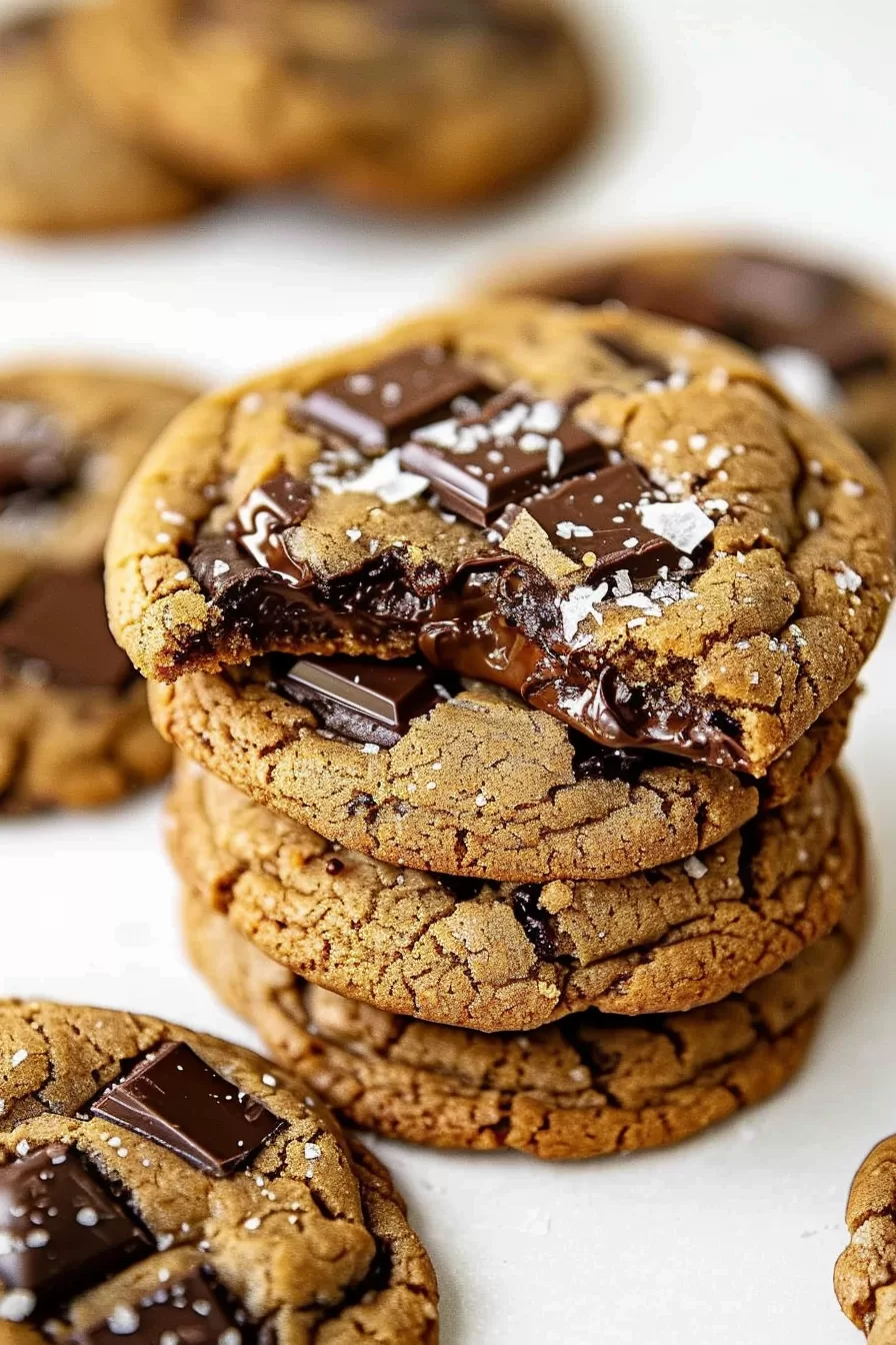 A bite taken out of a cookie reveals a gooey chocolate center, with other cookies scattered in the background.